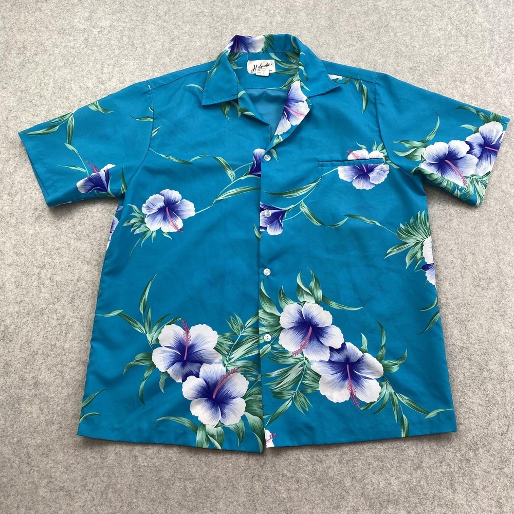 Helena's Shirt Mens Medium Blue Floral Hawaiian Aloha Button Up Tropical Casual